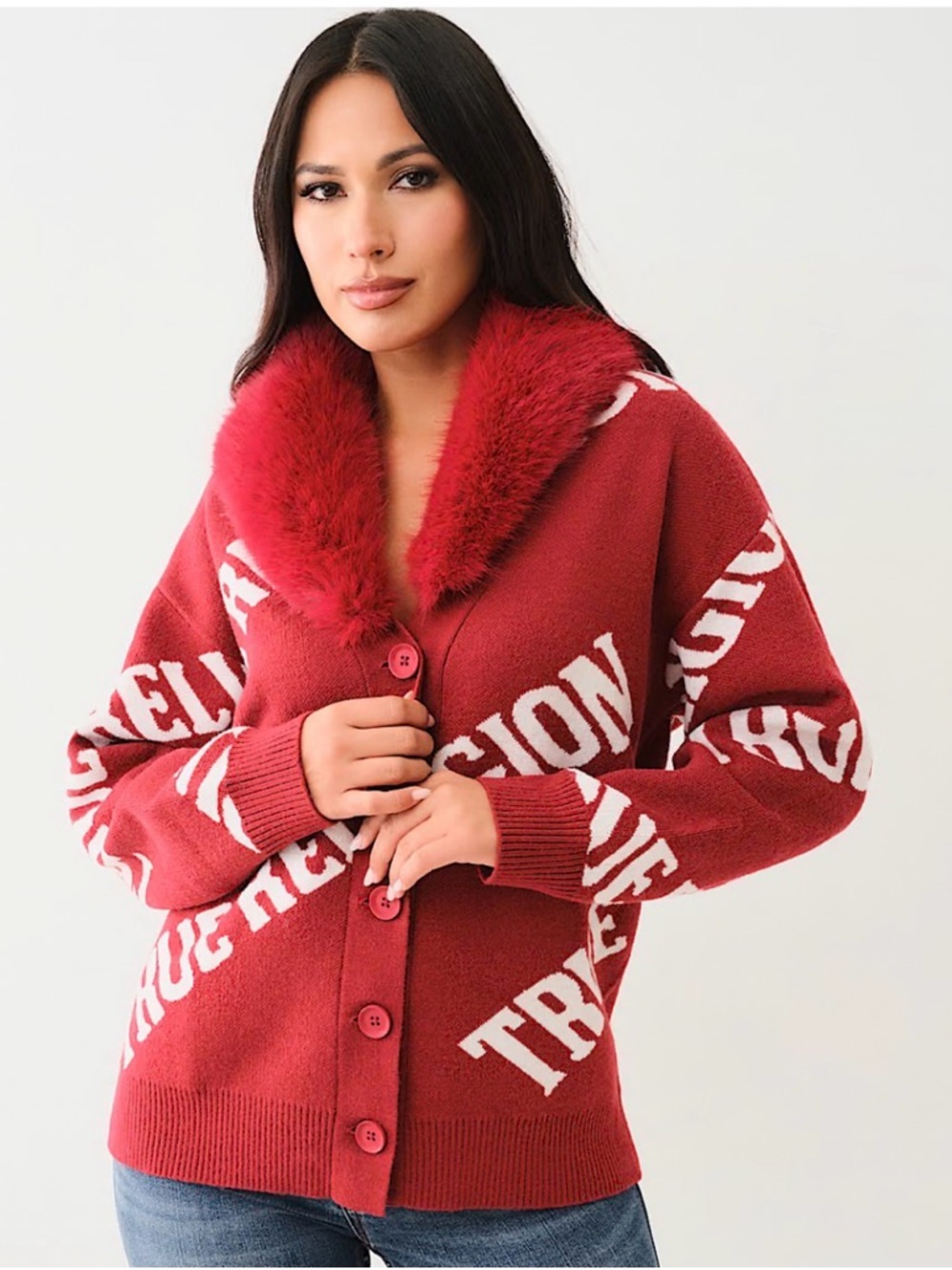 ♥️ True Religion Wine Red Faux-Fur REMOVABLE Collar Knit Cardigan Jacket Shirt L